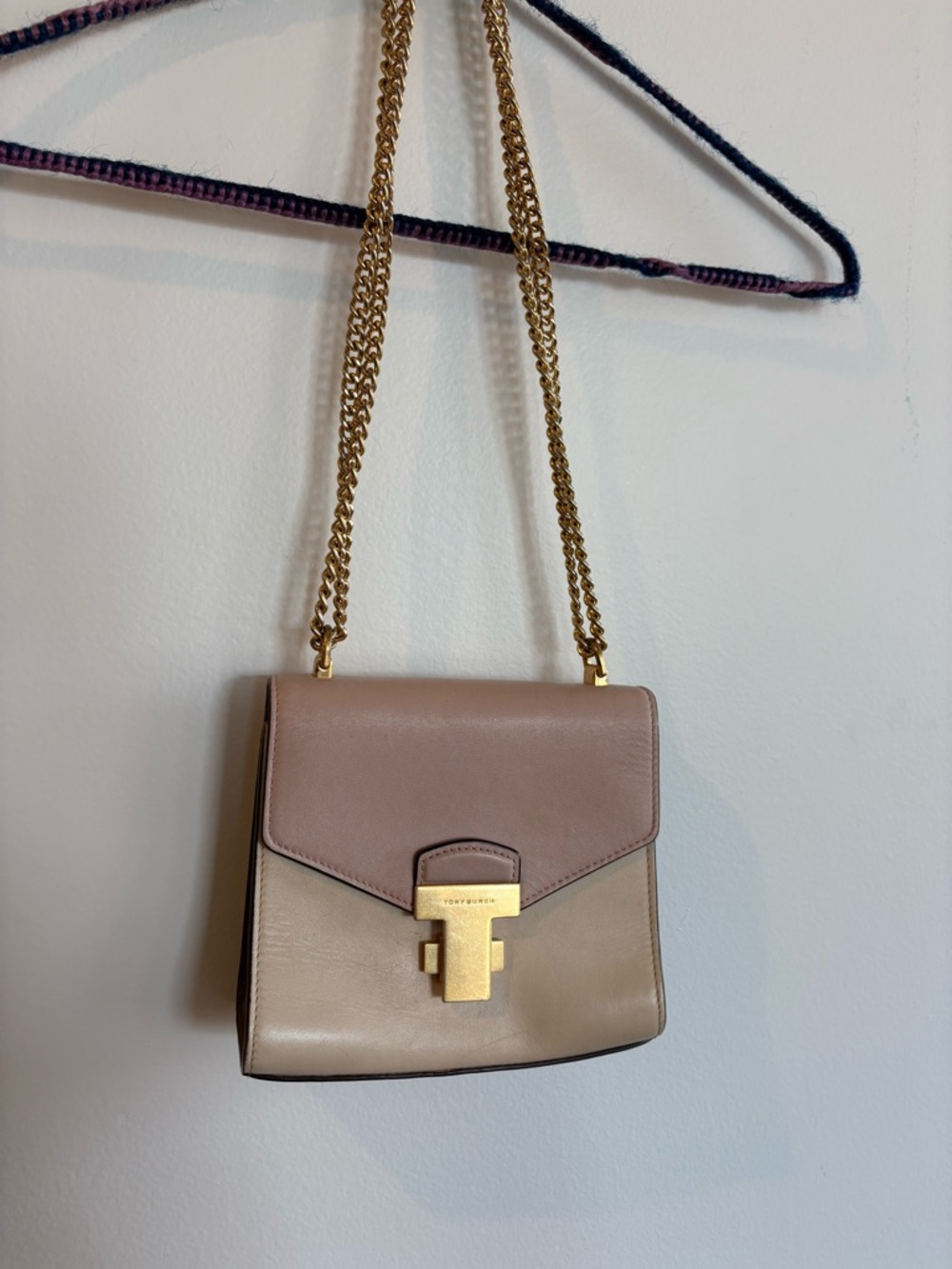Tory Burch Two-Tone Blush and Taupe Leather Shoulder Bag with Gold Chain